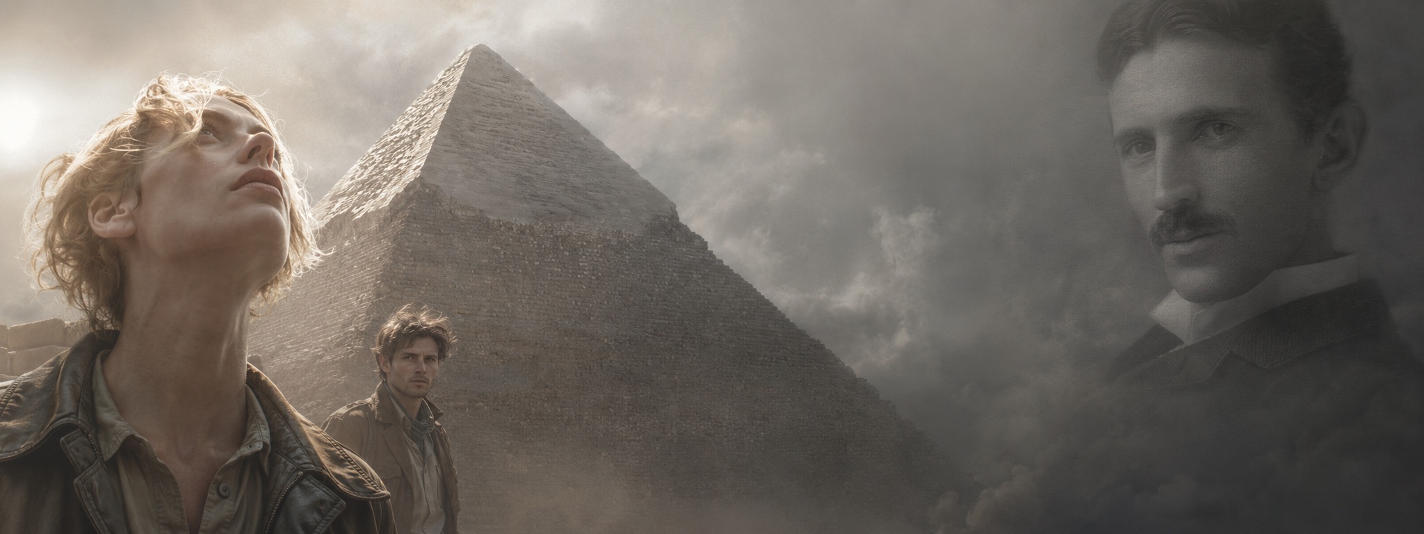 Cinematic key art showing explorers near a pyramid with Nikola Tesla emerging from storm clouds