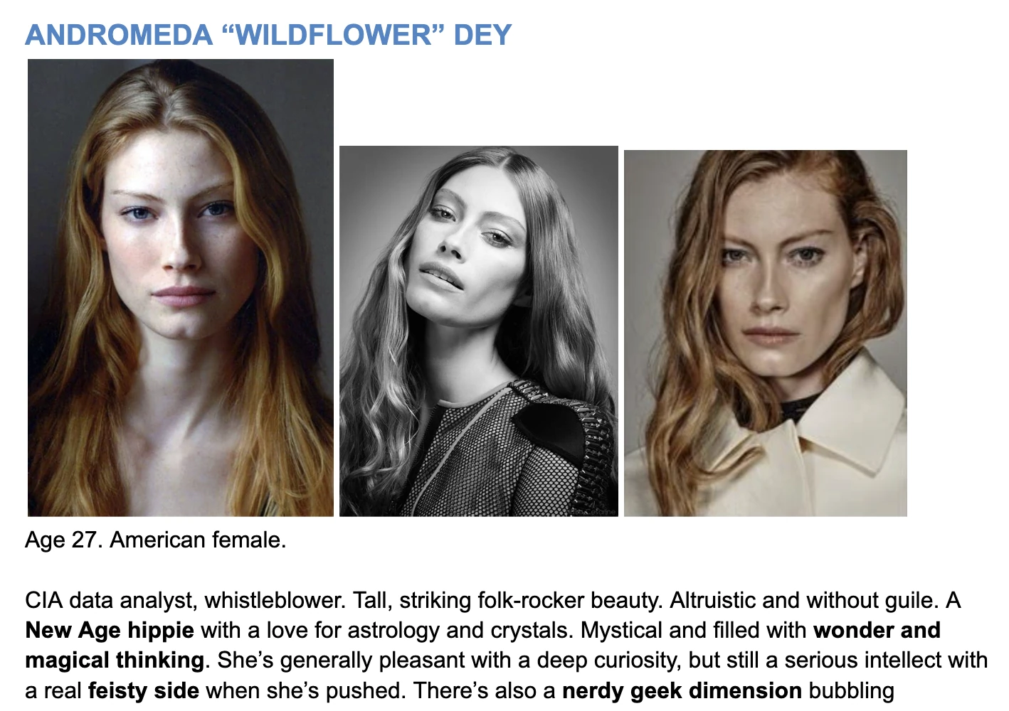 Early Andromeda Dey character and casting reference