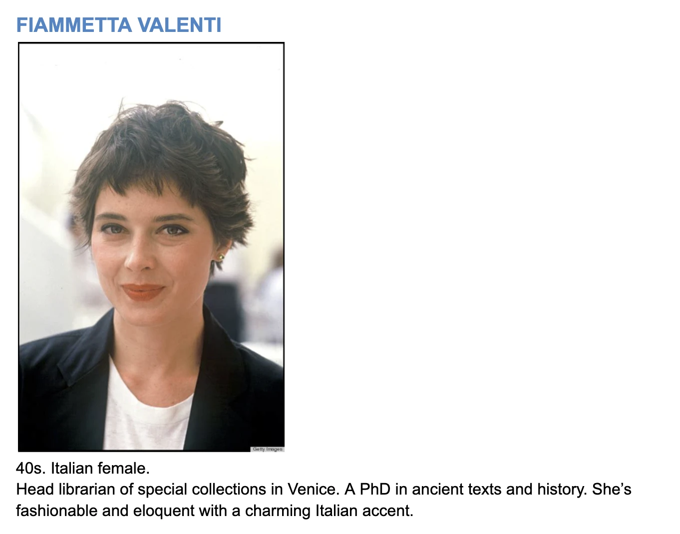 Early Fiammetta Valenti character reference