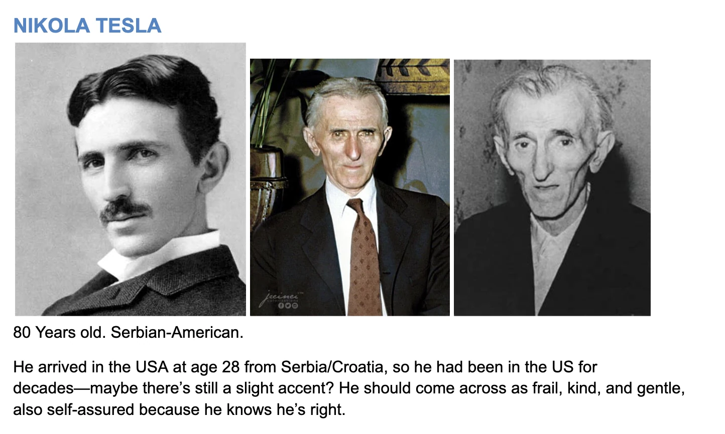 Nikola Tesla character and casting reference
