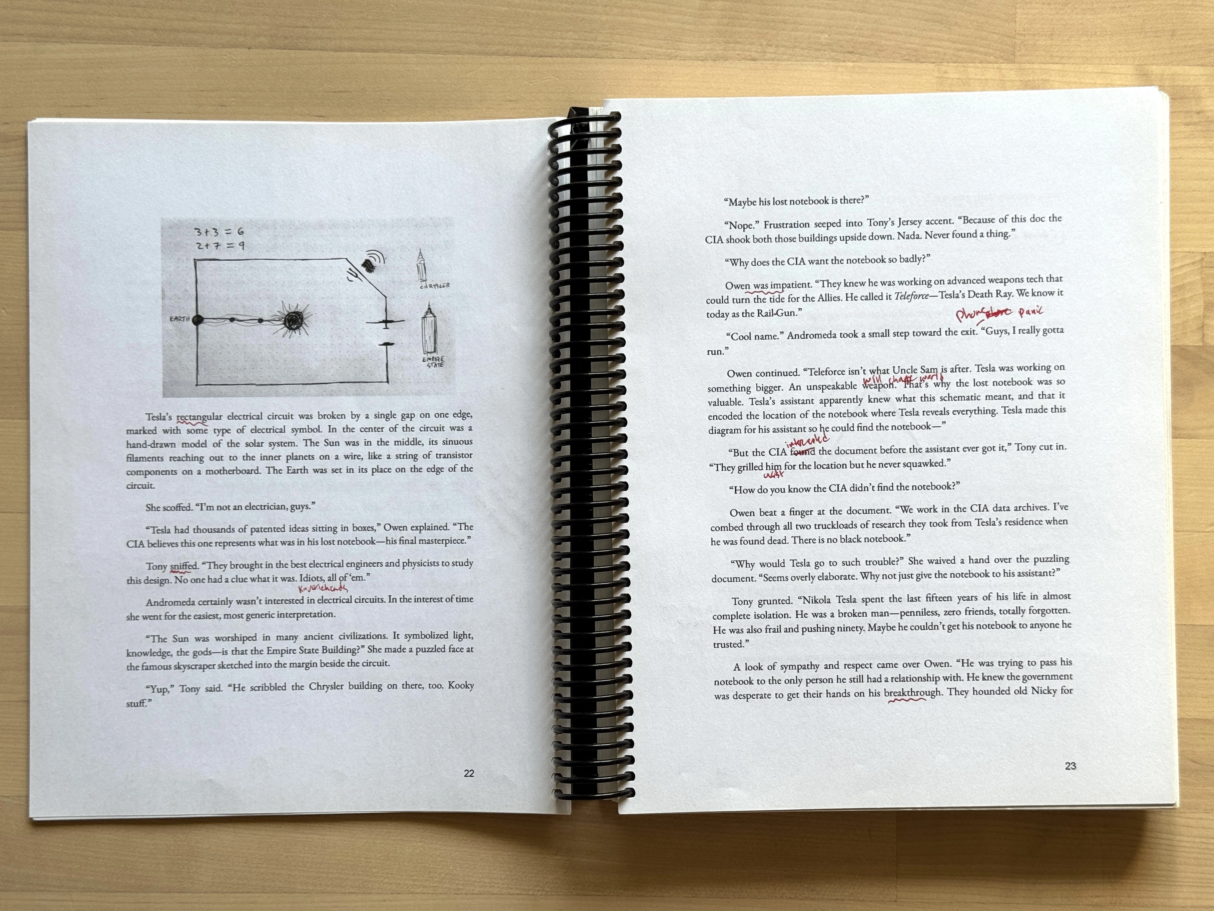 First-draft notebook spread with the New Yorker hotel map concept sketch and handwritten revisions