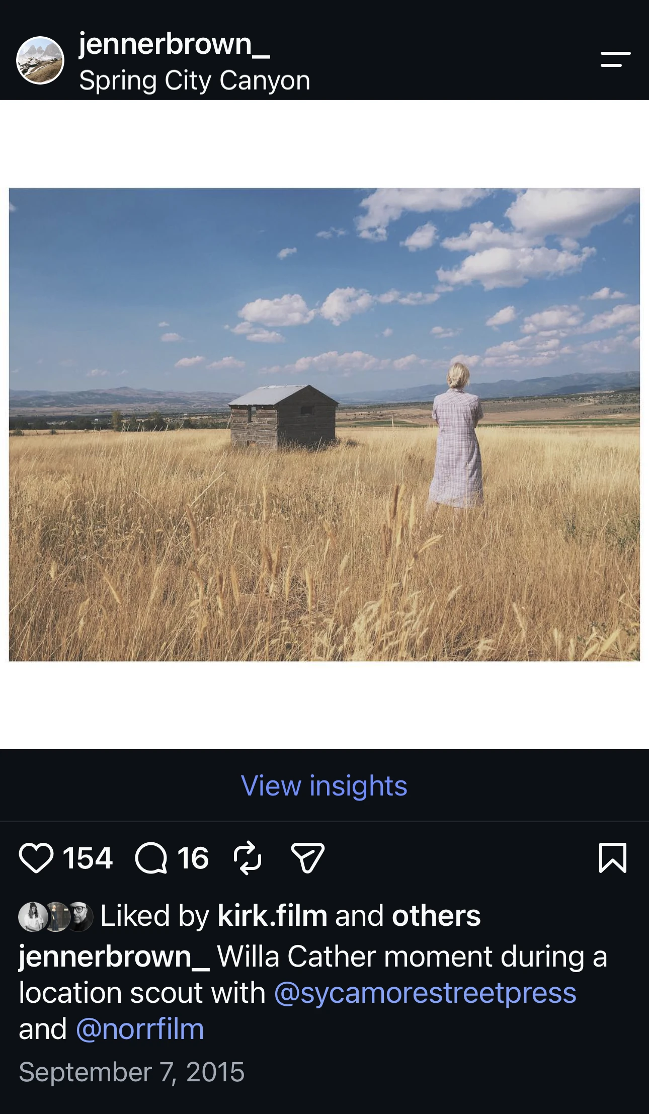 A 2015 iPhone Instagram capture showing a woman at a remote Utah homestead location