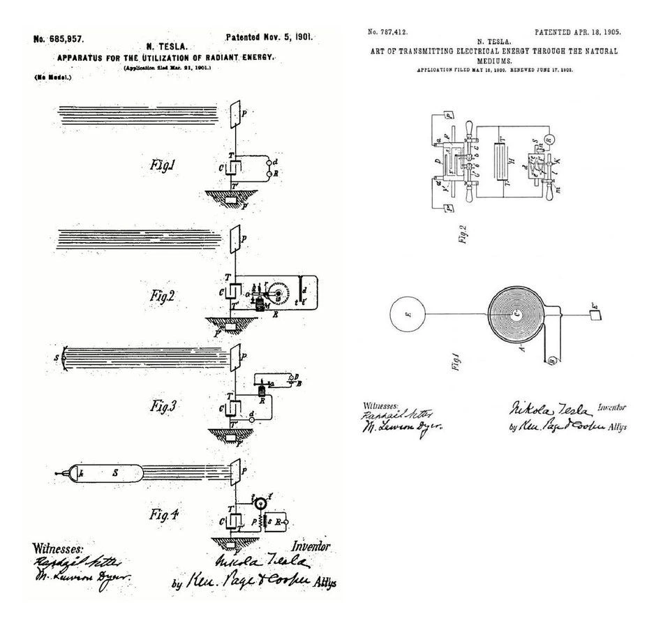 Two Nikola Tesla patent diagrams for radiant energy and transmitting electrical energy
