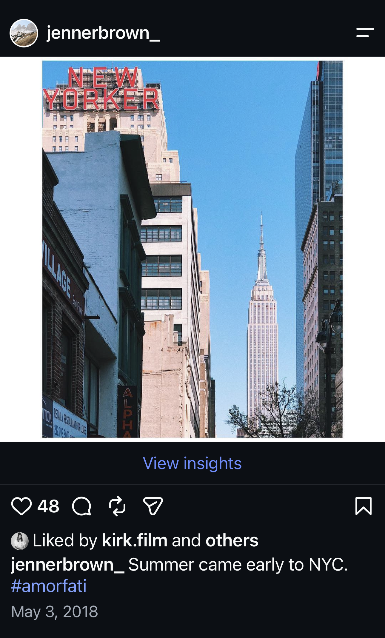 A May 2018 Instagram post showing the New Yorker sign and Empire State Building