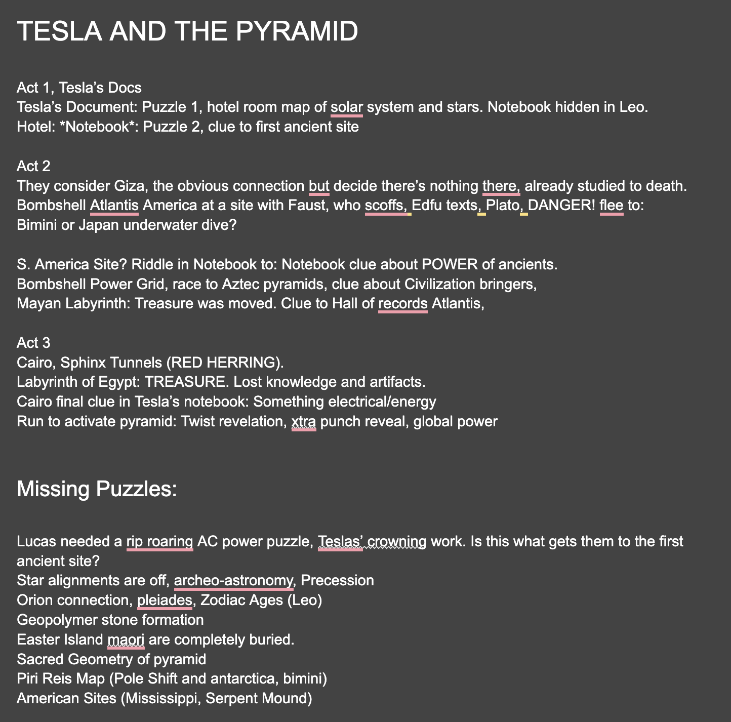 Early clue-thread puzzle notes for Tesla and the Pyramid